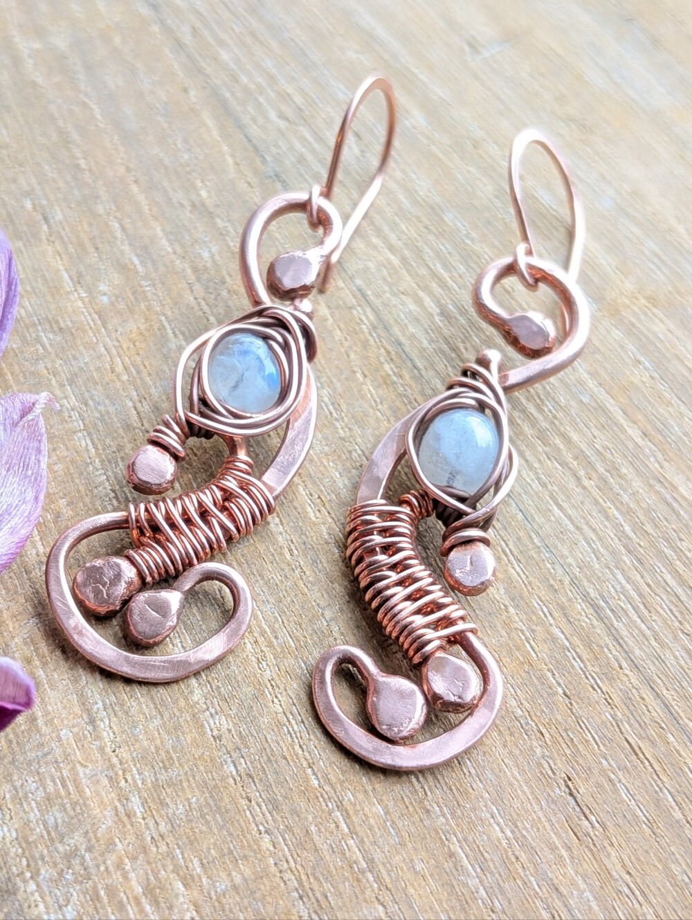 Artisan Copper Earrings with Moonstones - Picture 9 of 11